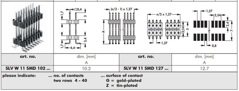 SLV W 11 SMD | 1.27mmピッチ |表面実装用ピンヘッダ | 段重ね用｜Fischer Elektronik