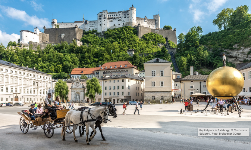 Kapitelplatz in Salzburg mit Blick auf die Festung Hohensalzburg und die Sphaera