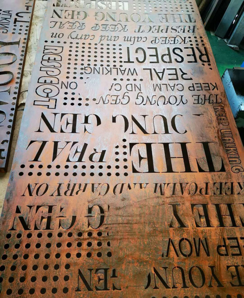 Decoration panel from corten steel laser cutting and rough rust finish to get an old surface finish
