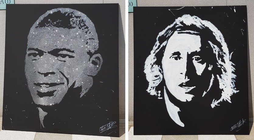 Live painting des portraits de Kilian MBappe et Luka Modric par le peintre Erik Black painting