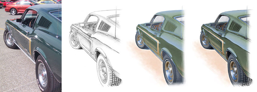 Mustang GT 1968 drawing evolution