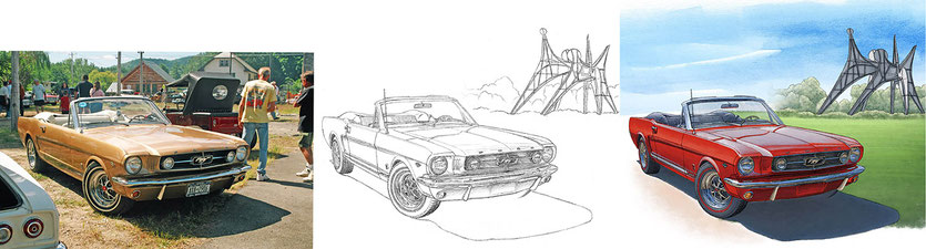 Mustang GT 1965 convertible drawing evolution