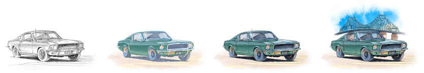 Mustang Bullitt 1968 drawing evolution