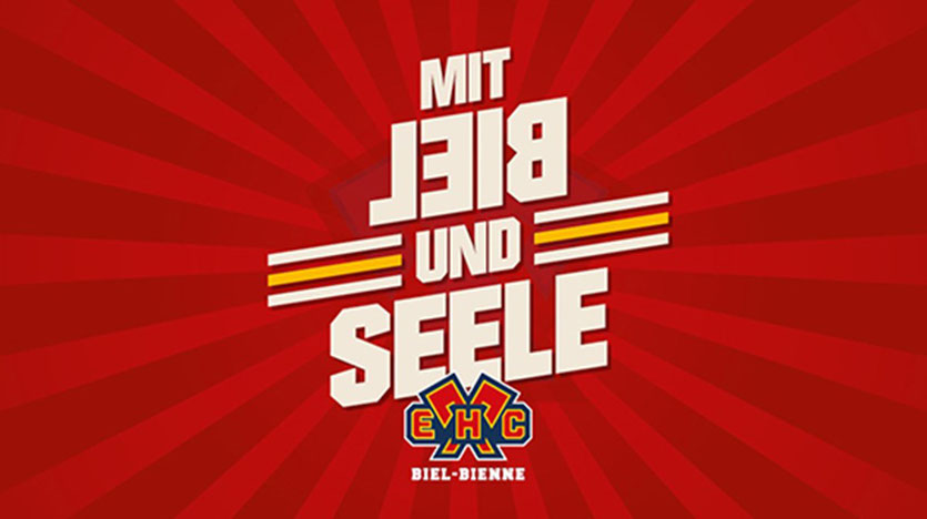 Fan EHC Biel, Eishockeyclub, Mit Leib und Seele, rot und gelb, Logo EHC Biel