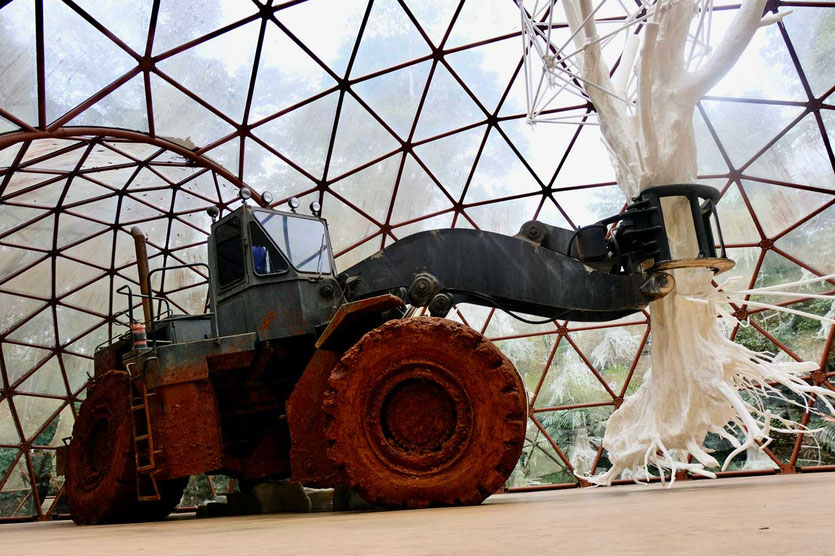 Forstmaschine mit Baumwurzel, unter geodätischer Glaskuppel von Matthew Barney,  Inhotim Kunstpark, Minas Gerais, Brasilien 