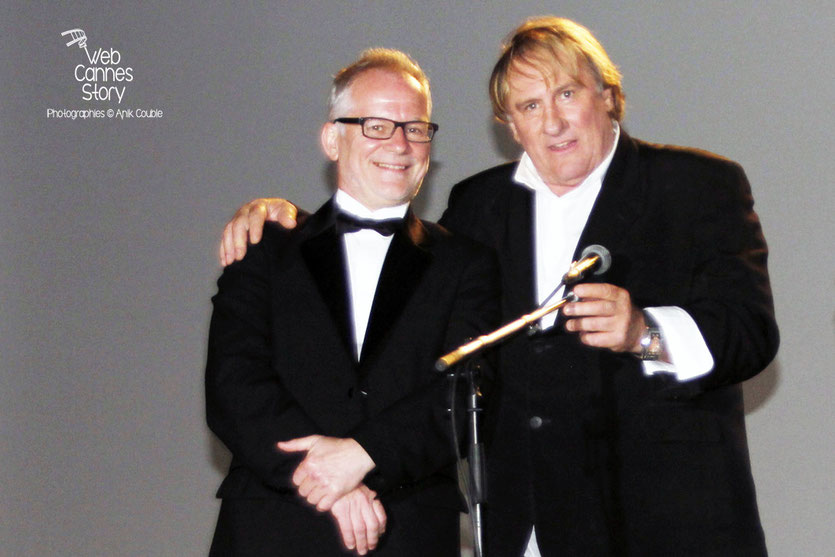 Thierry Fremaux  et Gérard Depardieu,  lors de la présentation du film «United Passions» de  Frédéric Auburtin - Festival de Cannes 2014 - Photo © Anik COUBLE