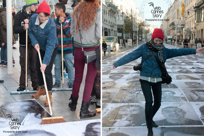 Charlotte Le Bon, lors de l'installation du projet "Inside Out" de l'Artiste JR - Lyon  Déc 2013 - Photo © Anik COUBLE