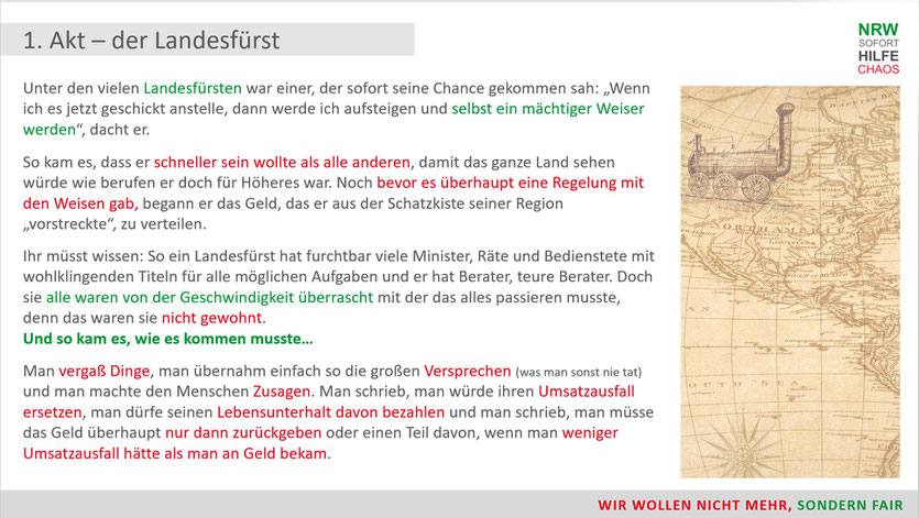 NRW Regierung verspricht den Umsatzausfall zu ersetzen, den Lebensunterhalt der Kleinunternehmer und Soloselbständigen zu sichern   © Thomas von Korvey 