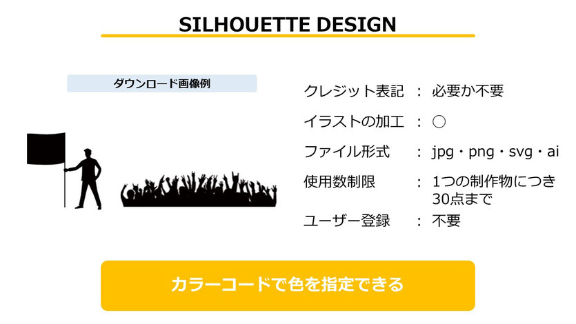 「SILHOUETTE DESIGN」はユーザー登録は不要ですが、「1つの制作物につき、無料で使えるのは30点まで」となっております。利用規約を必ず読み、守りましょう。