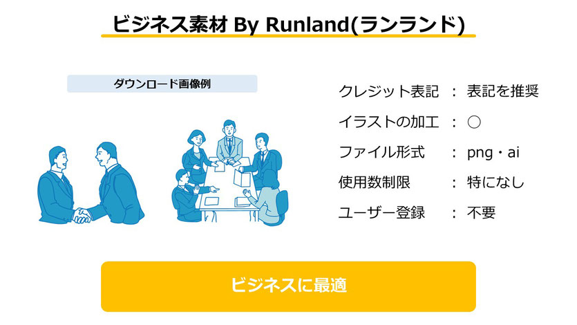 「ビジネス素材 By Runland」はユーザー登録も使用数制限もなく使えるフリー素材サイト。クレジット表記は推奨されています。