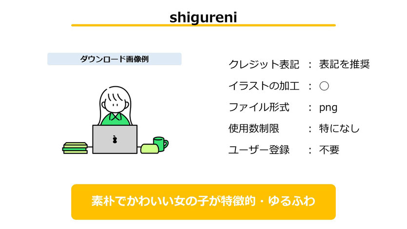 「shigureni」は使用数制限、ユーザー登録も不要で使える、かわいい女性のイラストが多く使えるイラスト素材サイトです。