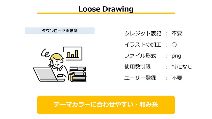 「Loose Drawing」はクレジット表記、使用数制限、ユーザー登録も不要なイラスト素材サイト。ぜひ押さえておきましょう。