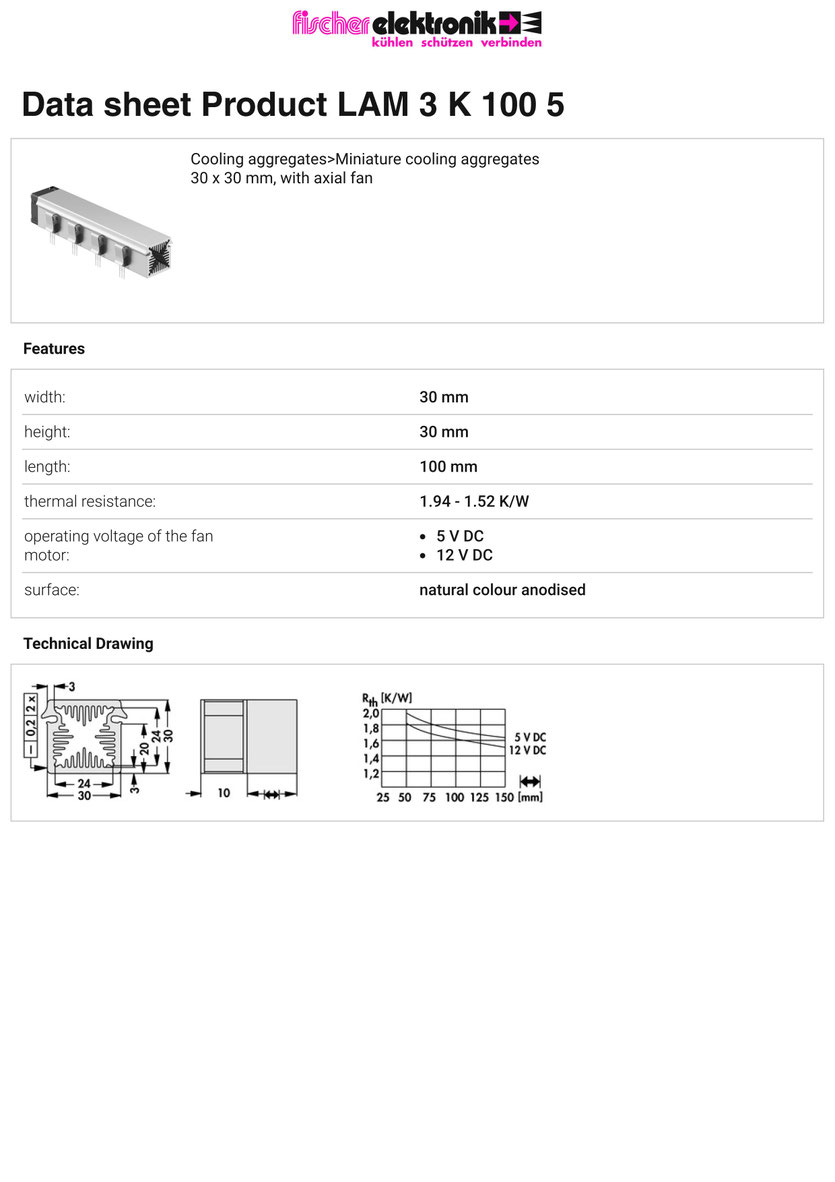 LAM-3-K-100-05 | W30mm x H30mm x L100mm, 5V | 軸流ファン付ヒートシンク