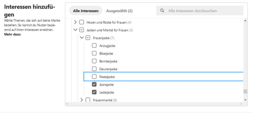 Targeting für Pinterest Ads: Auswahl der Interessen im Zusammenhang mit Mode