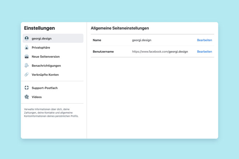 Screenshots der Facebook Seiten Einstellungen