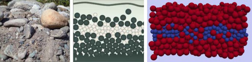 Fig.1: River armouring (a) Segregation experiments (b), simulations (c)