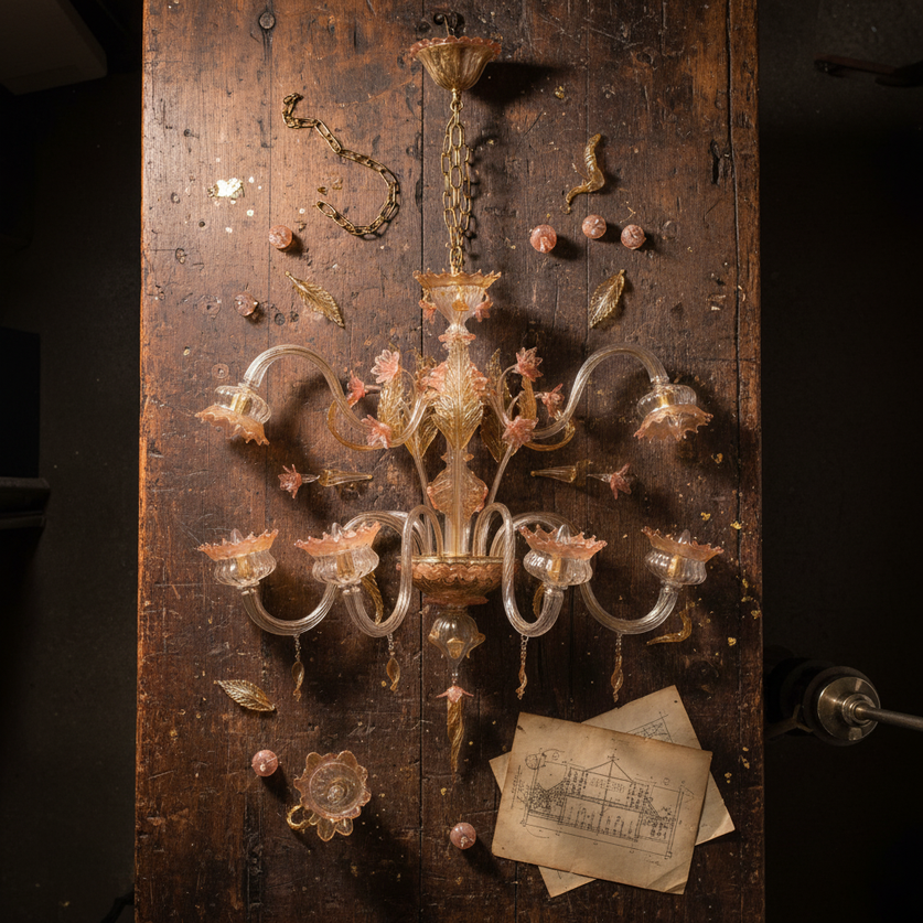 Lampadario di Murano Miss Puccini oro rosa schema