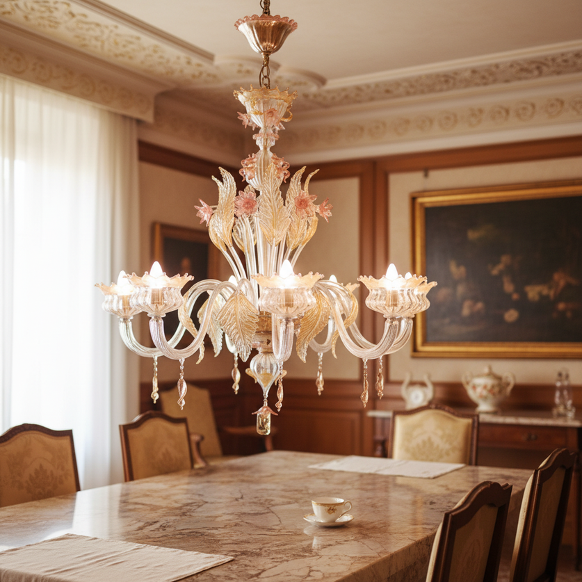 Lampadario di Murano Miss Puccini oro rosa sopra al tavolo