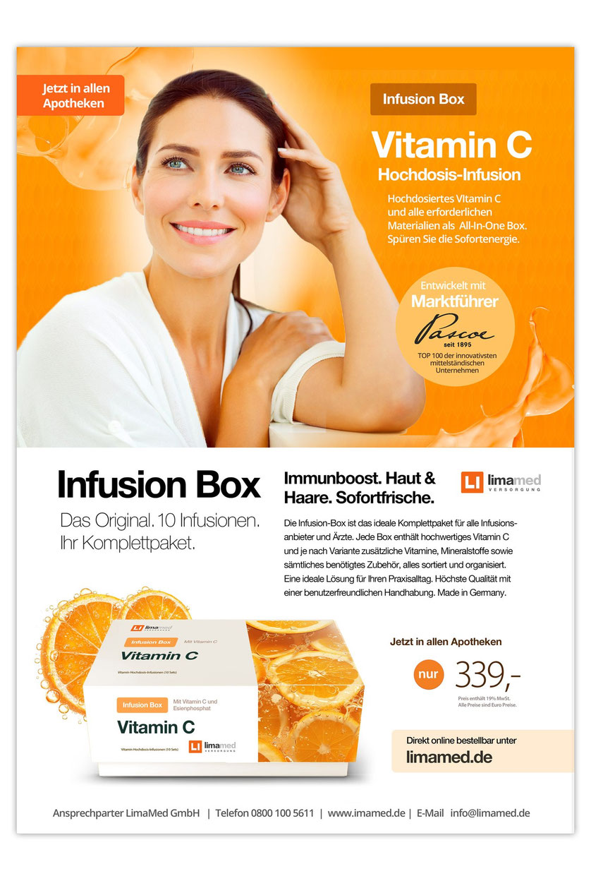 Pascoe Vitamin C Infusion Box Produktverpackung und Apothekenmarketing – Verpackungsdesign von Werbeagentur Berlin digitalgrafik24