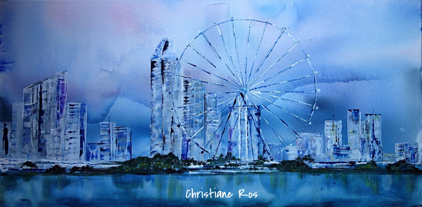 gemaltes Bild Skyline von Singapur © Christiane Ros