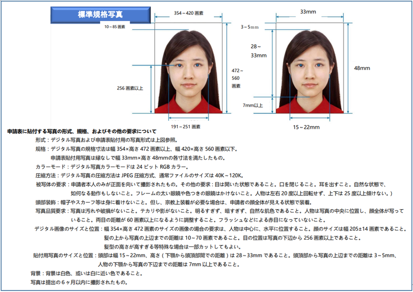 中国語学留学　ビザ申請用写真の規定サイズ