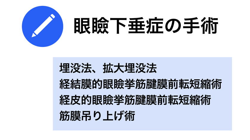 眼瞼下垂手術：埋没法、拡大埋没法、経結膜的眼瞼挙筋腱膜前転短縮術、経皮的眼瞼挙筋腱膜前転短縮術、筋膜吊り上げ術