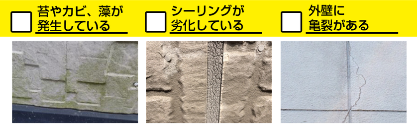 □苔やカビ、藻が発生している　□シーリングが劣化している　□外壁に亀裂がある