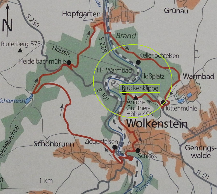 Wolkensteiner Schweiz - grün eingekreist mit Zentrum Brückenklippe -