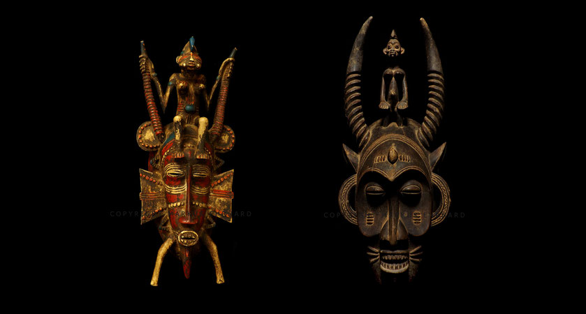 Senufo Senoufo Kpelié masks of the "master of the animal" genre (?). Left mask by Ziehouo Coulibaly from Korhogo. Right mask by Bakari Coulibaly from Dickodougou