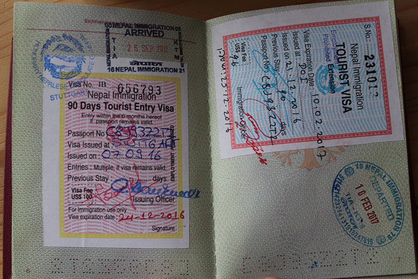 Passport, Visa, Nepal, Stamp, Travel, Arrival, Extension, acquired at the nepalese consulate in Stuttgart