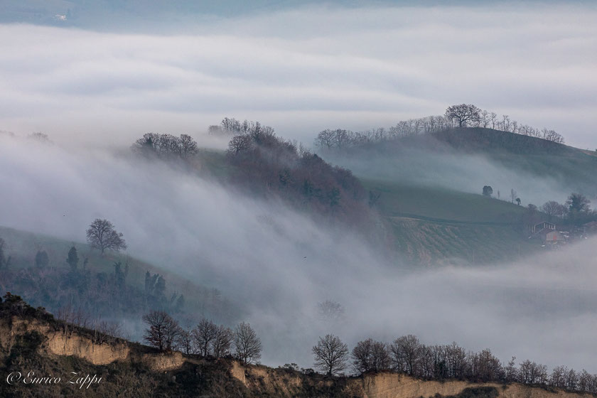 Nelle ore serali la nebbia s'incunea fra le colline, salendo verso declivi più impervi ed elevati.