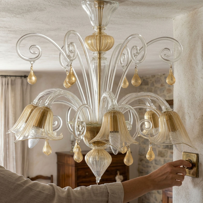 Lampadario Bach Oro in vetro di Murano lavorato a mano per ambiente classico raffinato