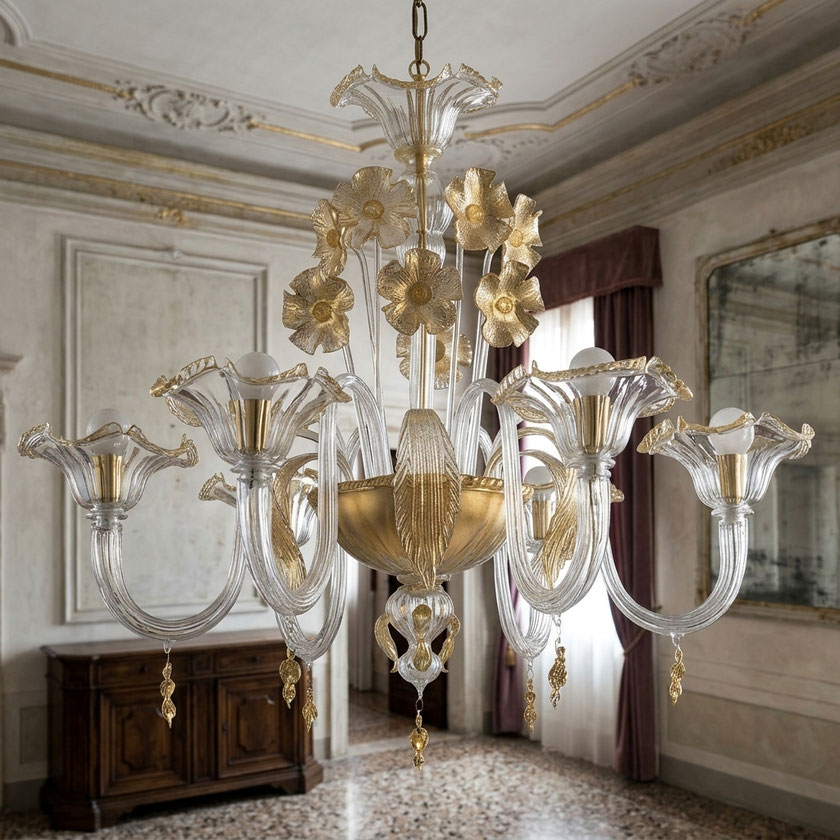 Lampadario in vetro di Murano Miss Beethoven 8 luci trasparente con finiture oro lavorato a mano stile classico veneziano ambientato