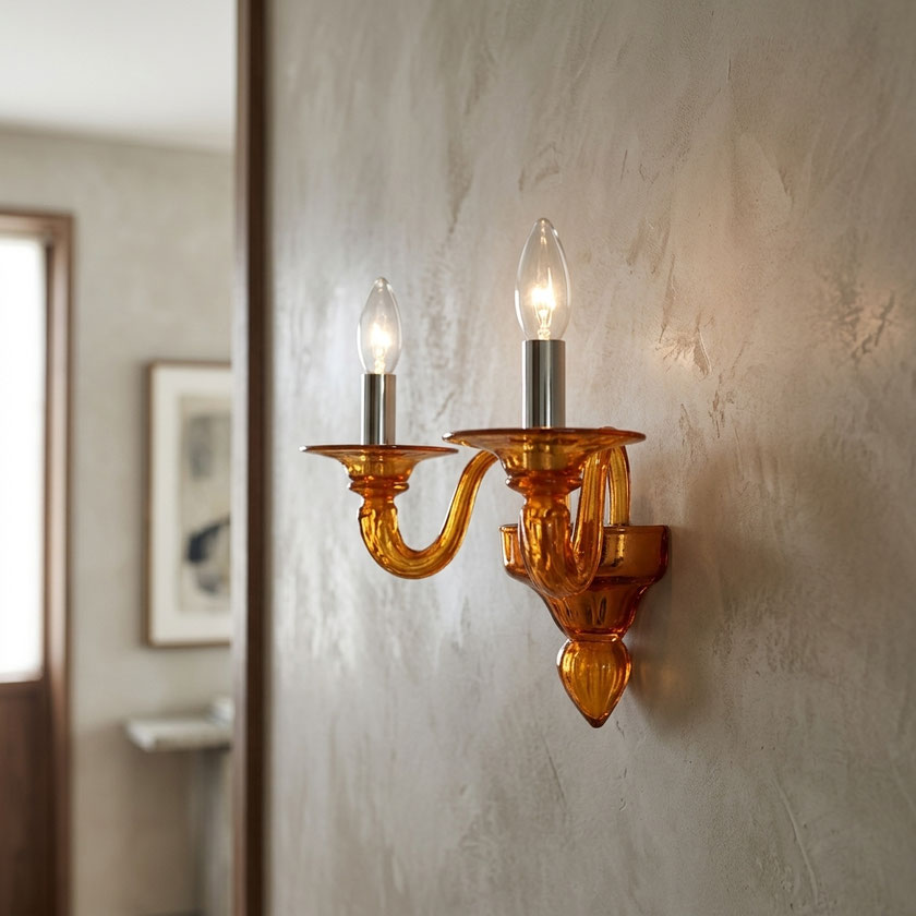 applique in vetro di Murano arancione Morettina due bracci elegante