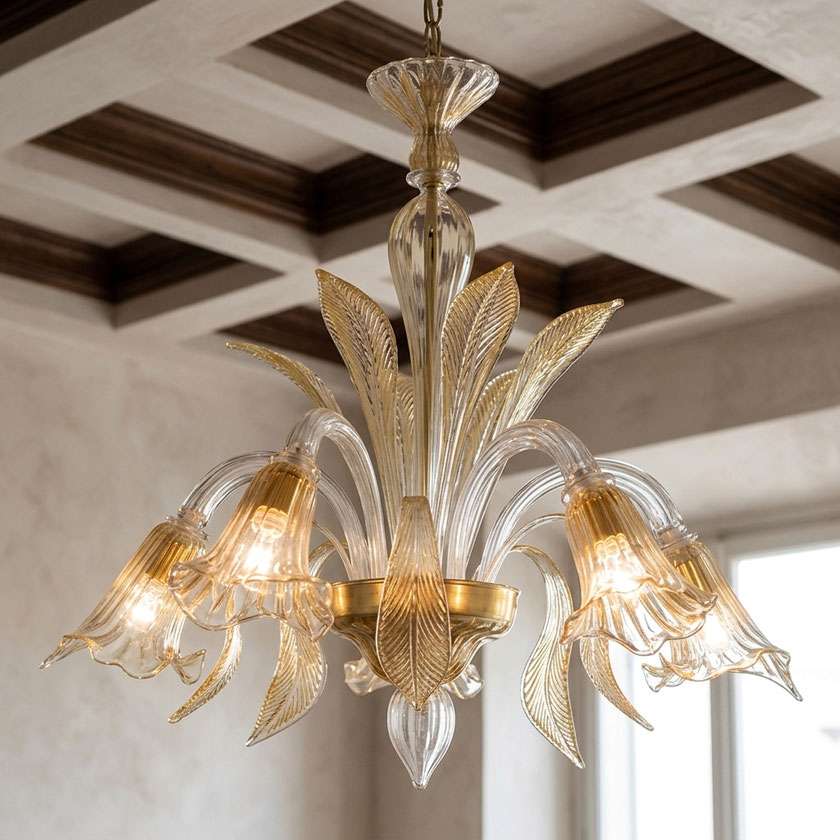 Lampadario Aureliano Spada in vetro di Murano lavorato a mano oro trasparente per villa di lusso