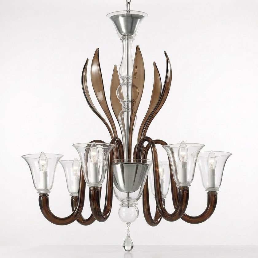 Lampadario Rialto Moca 6 luci in vetro di Murano lavorato a mano con bracci moka fumé, coppe trasparenti e stelo centrale in cristallo