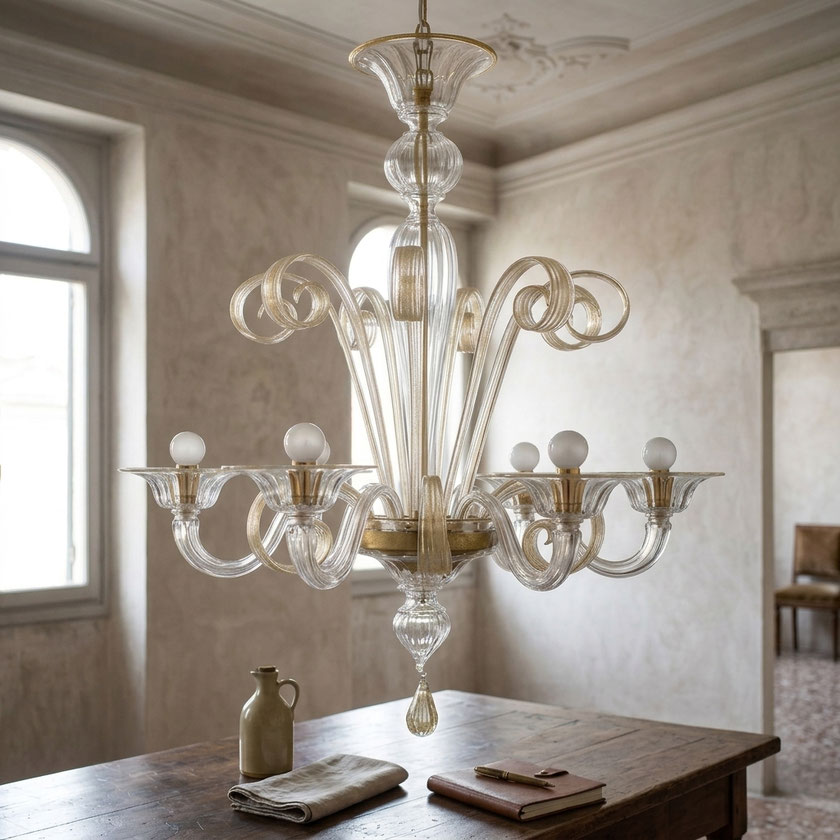 Lampadario classico in vetro di Murano con braccia volute e dettagli in oro