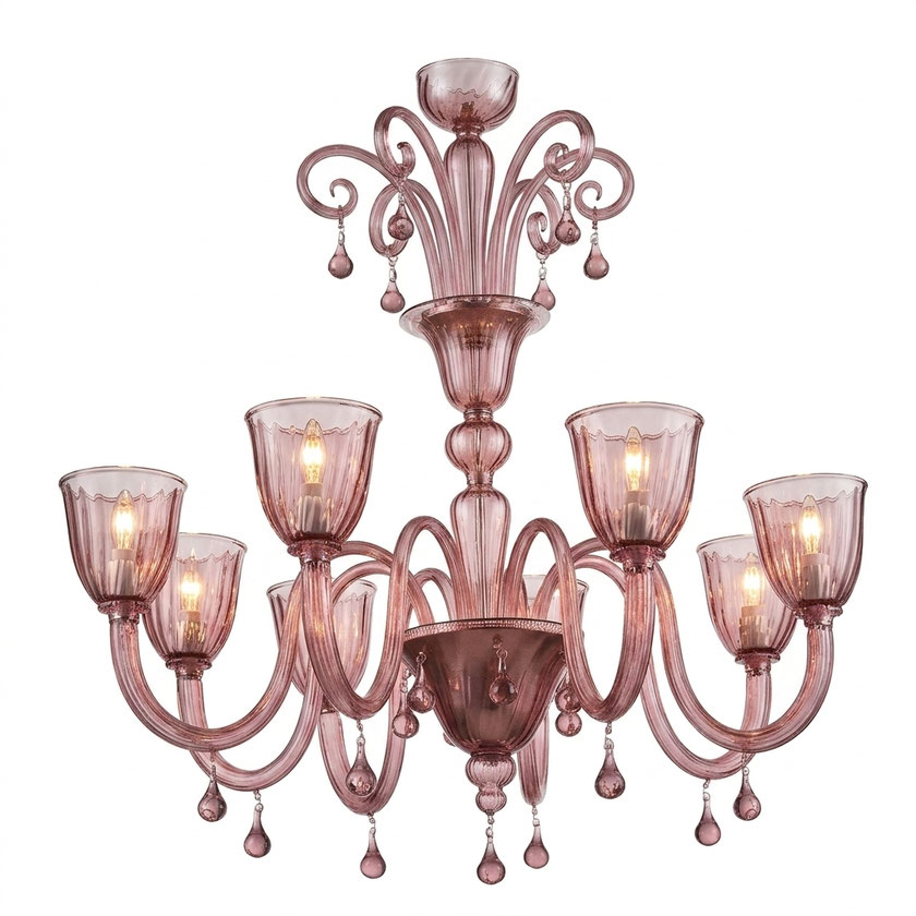 Lampadario Sorrento 8 luci in vetro di Murano lavorato a mano colore ametista con riflessi rossi