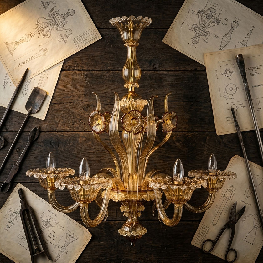 Lampadario veneziano Miss Visone in vetro di Murano lavorato a mano per hotel luxury