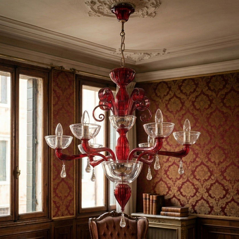 Lampadario Ushuaia in vetro di Murano lavorato a mano con dettagli rosso cristallo per sala elegante