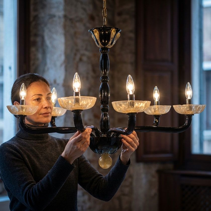 lampadario moderno Murano sei luci nero con coppe in vetro lavorato