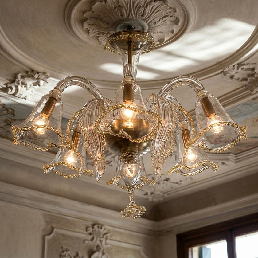 Plafoniera Murano Miss Albinoni lavorato a mano con finiture oro per salone elegante
