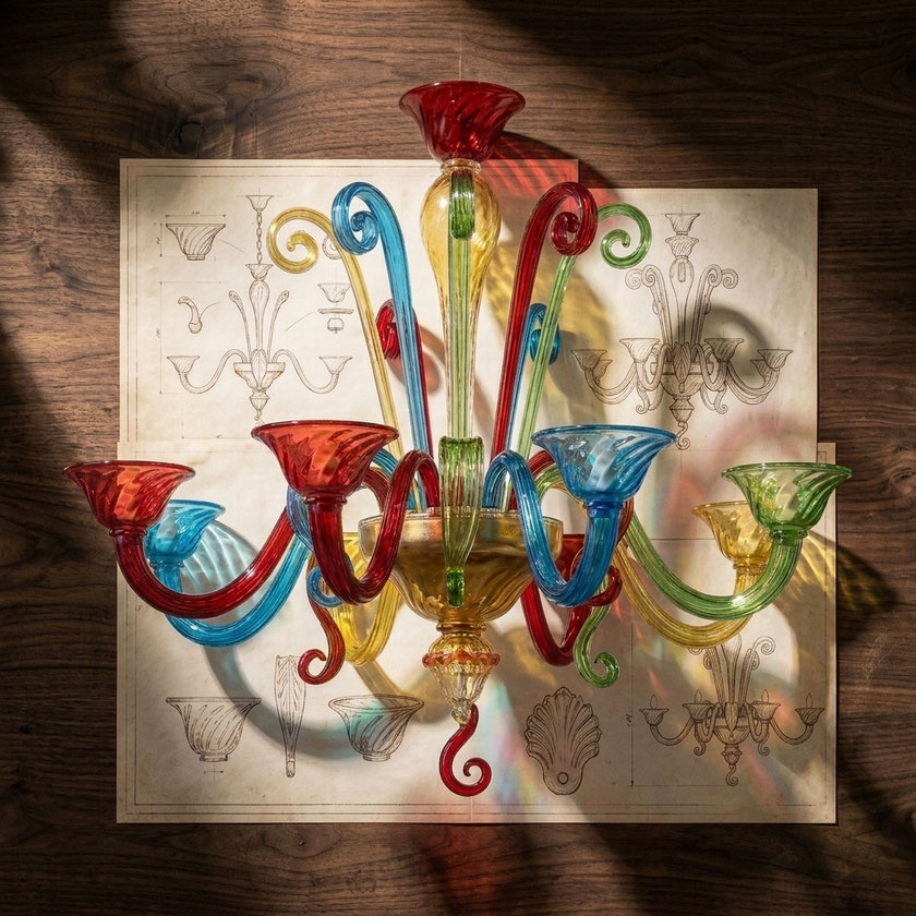 Lampadario Murano Kaleido lavorato a mano con elementi colorati per sala da pranzo moderna