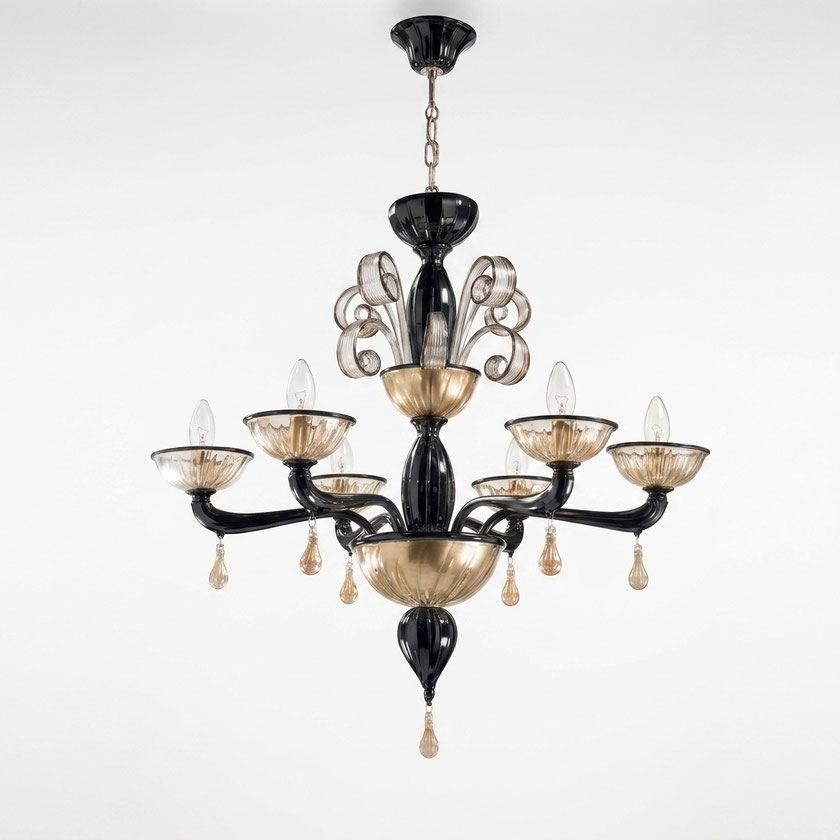 Lampadario Ushuaia in vetro di Murano lavorato a mano con design moderno nero e oro