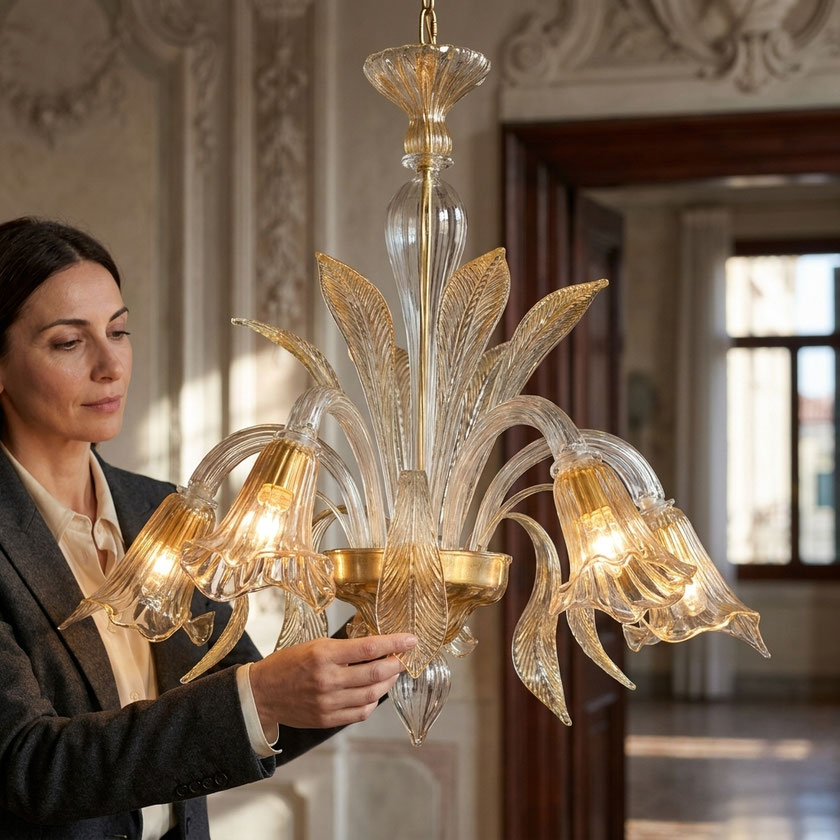 Lampadario Aureliano Spada in vetro di Murano lavorato a mano classico veneziano per hotel elegante