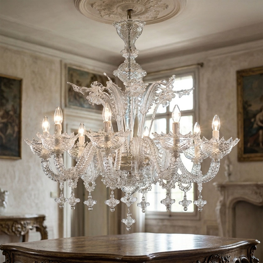 Lampadario Bellini in vetro di Murano lavorato a mano 8 luci cristallo per sala da pranzo raffinata
