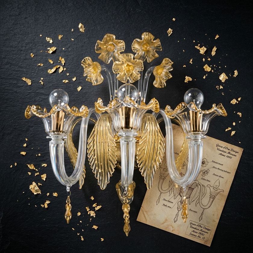 Applique veneziana Miss Beethoven vetro di Murano lavorato a mano con finiture artistiche oro