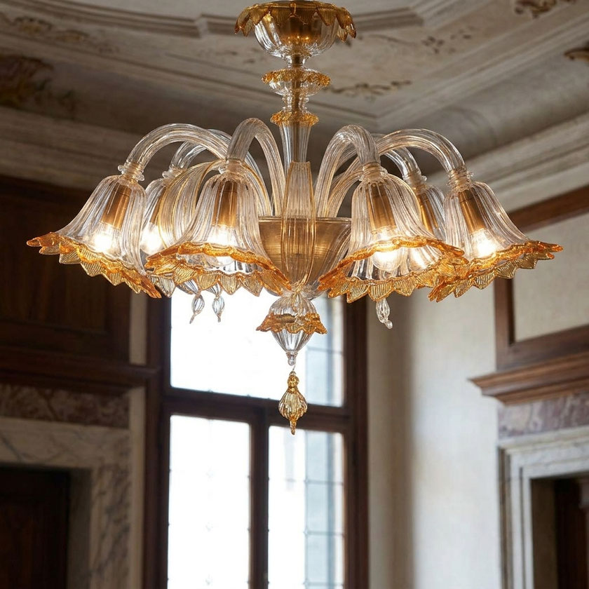 Plafoniera in vetro di Murano Aurelia per soffitti bassi realizzata artigianalmente a Murano