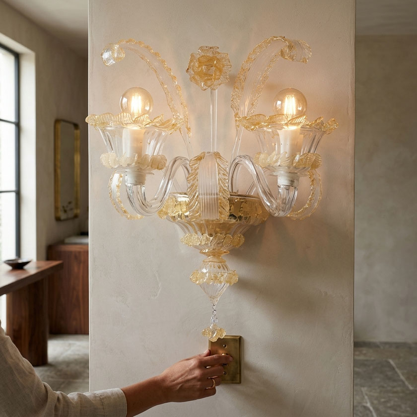 Applique Cavendramin in vetro di Murano lavorata a mano su parete chiara con dettagli decorativi e finitura elegante, design veneziano artigianale Made in Italy
