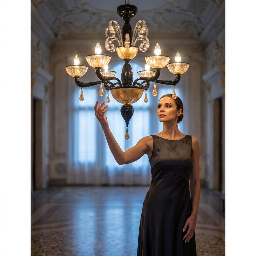 Lampadario Ushuaia in vetro di Murano lavorato a mano con finiture oro e vetro nero decorativoLampadario Ushuaia in vetro di Murano lavorato a mano con finiture oro e vetro nero decorativo